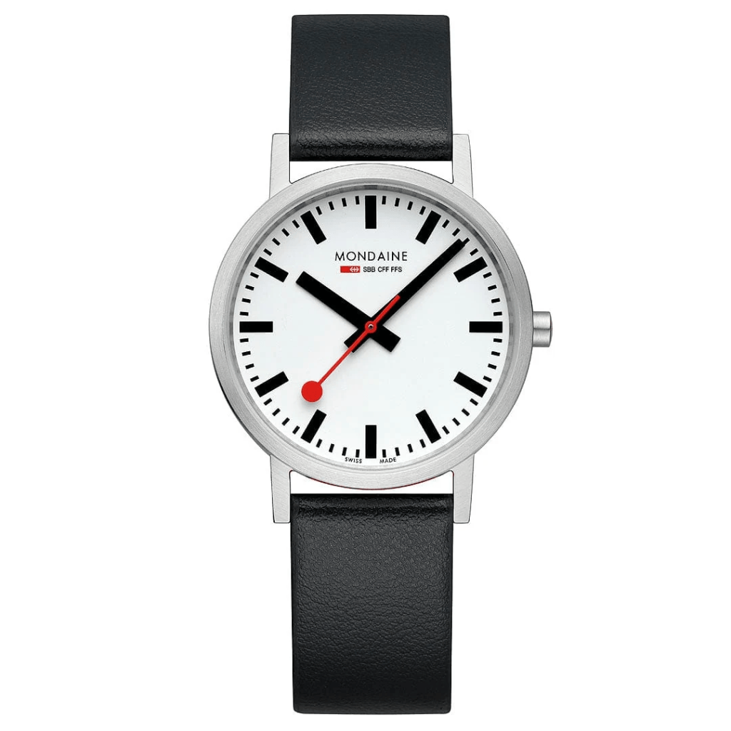Montre Mondaine Swiss Railways Classic, cadran blanc, bracelet cuir noir